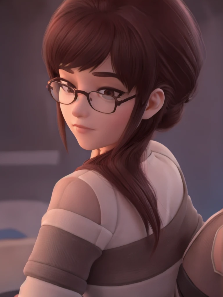 DVA from Overwatch without mech, a beautiful woman with short brown hair in a ponytail, very big round glasses, high quality refelctions, reflections on glasses, volumetric lighting, wearing a plain white t-shirt, in her bedroom on her bed, 1 girl solo, cinematic lighting, high resolution, physically-based rendering, extremely detailed, 8k, volumetric lighting, hyperrealistic, detailed facial features, masterpiece, intricate details, full body, nsfw, gaming setup in background, high quality, cinematic
