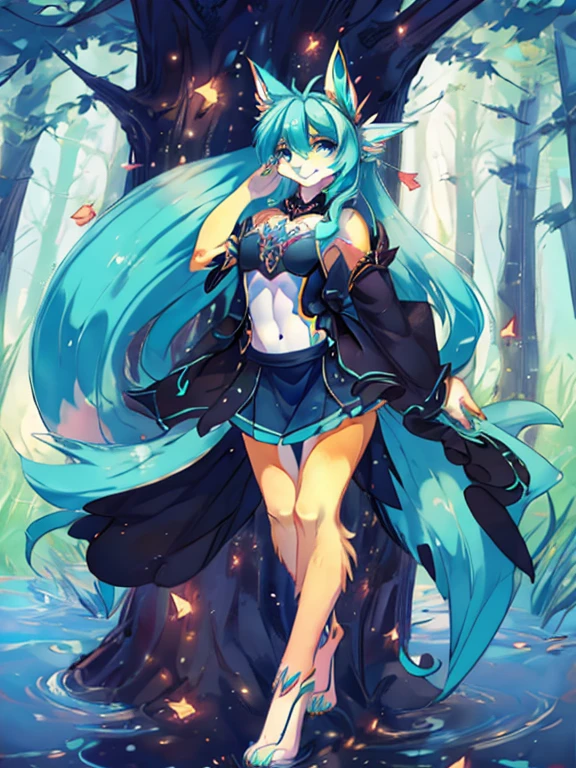 Chica anime, anime style, cute hatsune miku x suicune, shy girl , Orejas de Kitsune, arte de dark natasha, autum forest landscape, arte de vixen aztra, cuerpo completo, patas hermosas, cintura delgada, caderas amplias, piernas torneadas, hermosa, foto de cuerpo completo, sensual navel blouse, black mini skirt, navel piercing, ear piercing, navel tattoo, shy pose, beatifull and detailed hands, hincada en una playa mirando las estrellas de noche, witch girl, black aura, magic girl, witc dress, pentagrama in flor, sensual teennaged