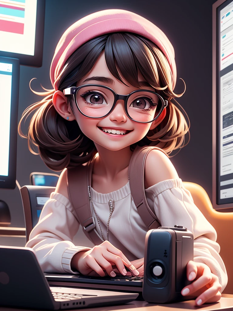 Young girl smiling cutely, wearing glasses, shoulder-length hair tied in a dot, typing on a computer.