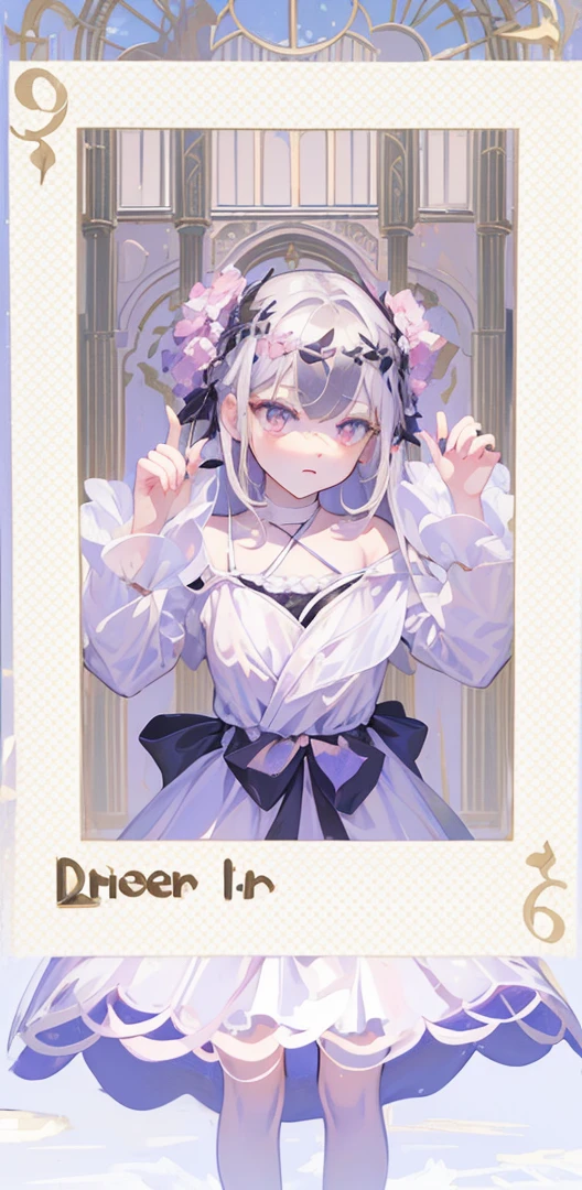 (Extremely delicate, masterpiece, excellent light and shadow, 8K HD wallpaper), white hair, golden eyes, intermittently translucent white clothes, looking at the upper body, lacy hair accessories, pale pink skin, tie at the waist, side braid swing.