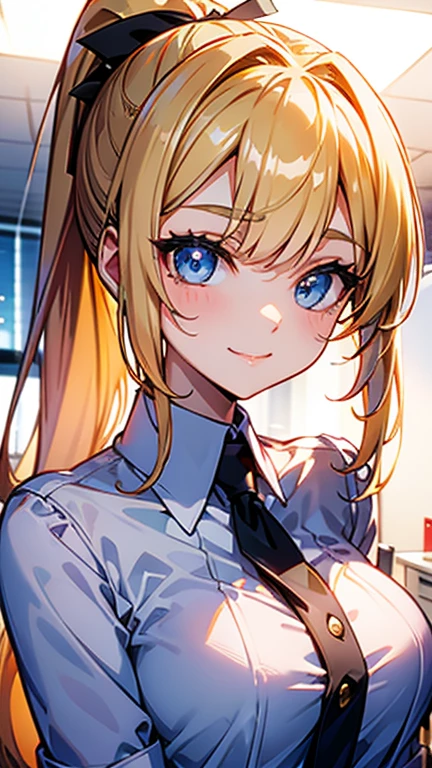High quality, Best quality , masterpiece, Portrait、、Bright expression、ponytail、Young, shiny, white, glossy skin、Gloss Face、Shining Cheek Gloss、Small Face Beauty、The best beauty、The dazzling light of blonde hair、Bright blonde hair with dazzling highlights、Very beautiful shiny light blonde hair、super long silky straight hair、Her shiny, beautiful bangs are covering her eyes.、Sparkling, clear, attractive, bright, large, pale blue eyes、Very big eyes、eyeliner、very beautiful lovely cute girl、young girl, Ample Bust, upper body , (smile:1.2) , (((office worker costume , ponytail )))),in house , medium breast