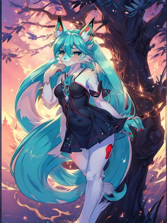 Chica anime, anime style, cute hatsune miku x suicune, shy girl , Orejas de Kitsune, arte de dark natasha, autum forest landscape, arte de vixen aztra, cuerpo completo, patas hermosas, cintura delgada, caderas amplias, piernas torneadas, hermosa, foto de cuerpo completo, sensual navel blouse, black mini skirt, navel piercing, ear piercing, navel tattoo, shy pose, beatifull and detailed hands, hincada en una playa mirando las estrellas de noche, witch girl, black aura, magic girl,  witc dress, pentagrama in flor, sensual teennaged 