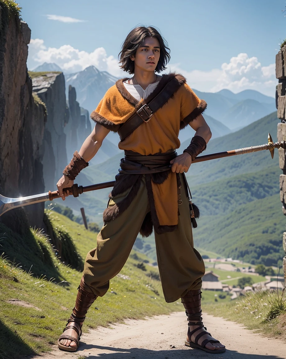 Youth with short black hair and brown eyes, fair skin and clean-shaven, dressed in short orange medieval barbarian fur tunic and trousers, weilding giant axe, sandals; fullbody; short hair, masculine, athletic