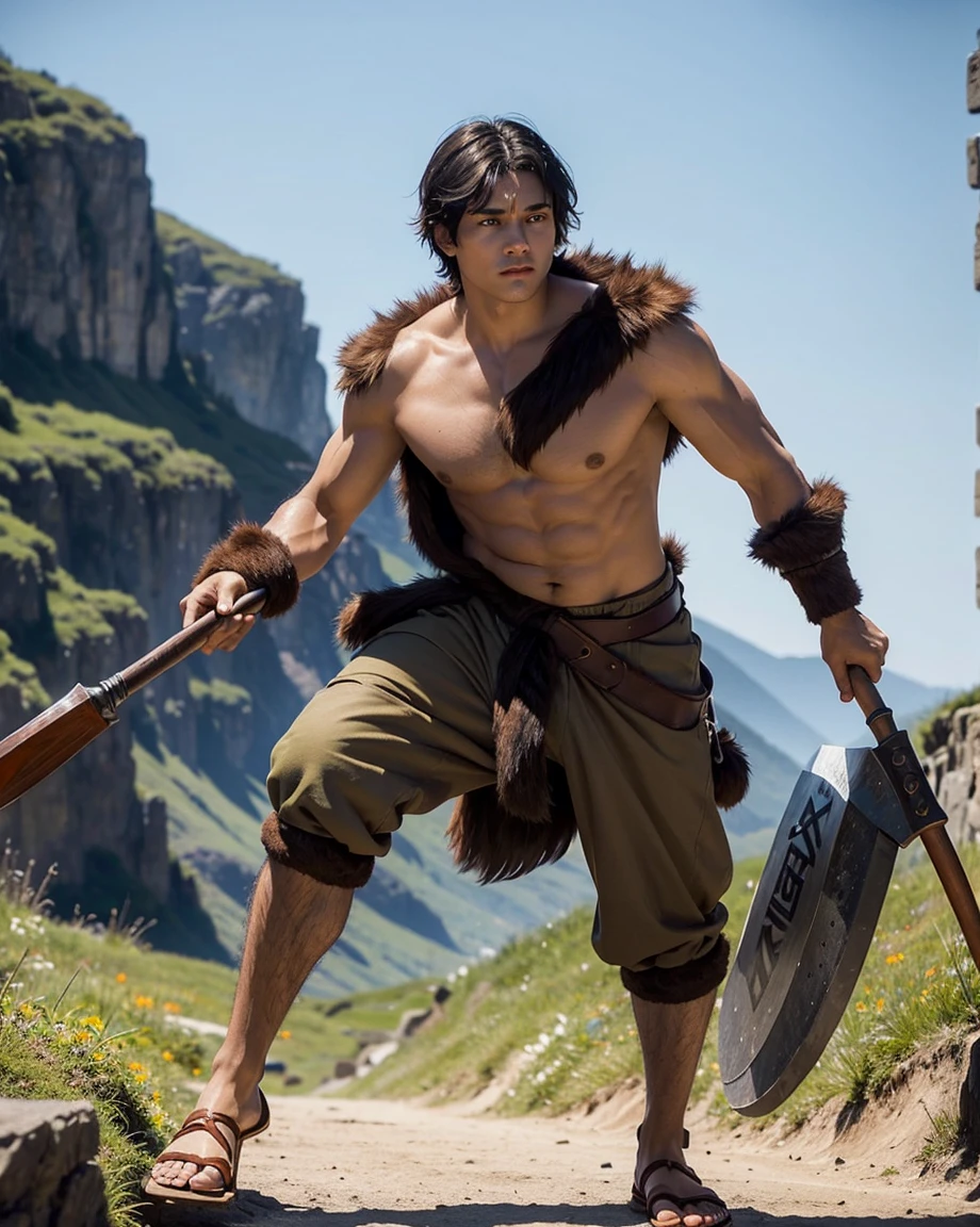 Youth with short black hair and brown eyes, fair skin and clean-shaven, dressed in short orange medieval barbarian fur tunic and trousers, weilding giant axe, sandals; fullbody; short hair, masculine, athletic