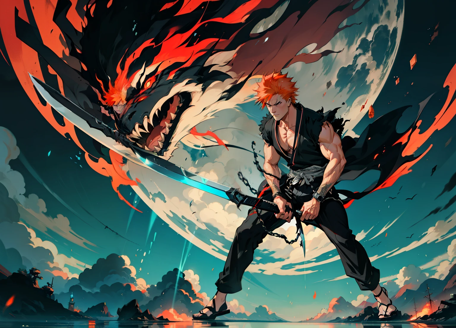 1boy, 26 Years old, Serious face, orange hair, muscular, black kimono, ((black long pants)), holding giant sword, blue sky, cloud, red atmosphere 