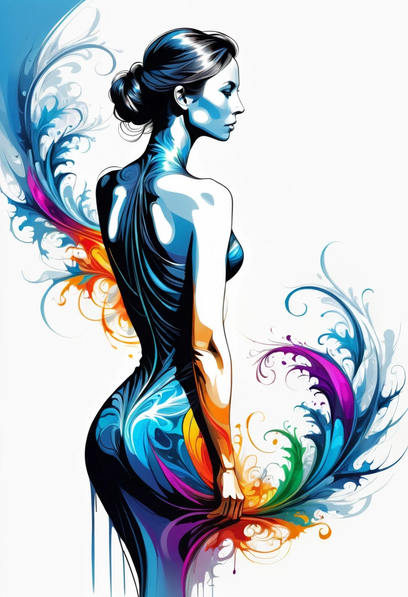 A mesmerizing visual of a woman's silhouette, elegantly posed and adorned with a stunning array of cosmetic signs and paint tattoos. Her form is a canvas of vibrant colors, ranging from soft pastels to bold and vivid hues. The tattoos, intricately designed and flowing, create a captivating contrast against her dark silhouette. Each design appears as an extension of her body, skillfully blending into her outline and adding to her overall allure.