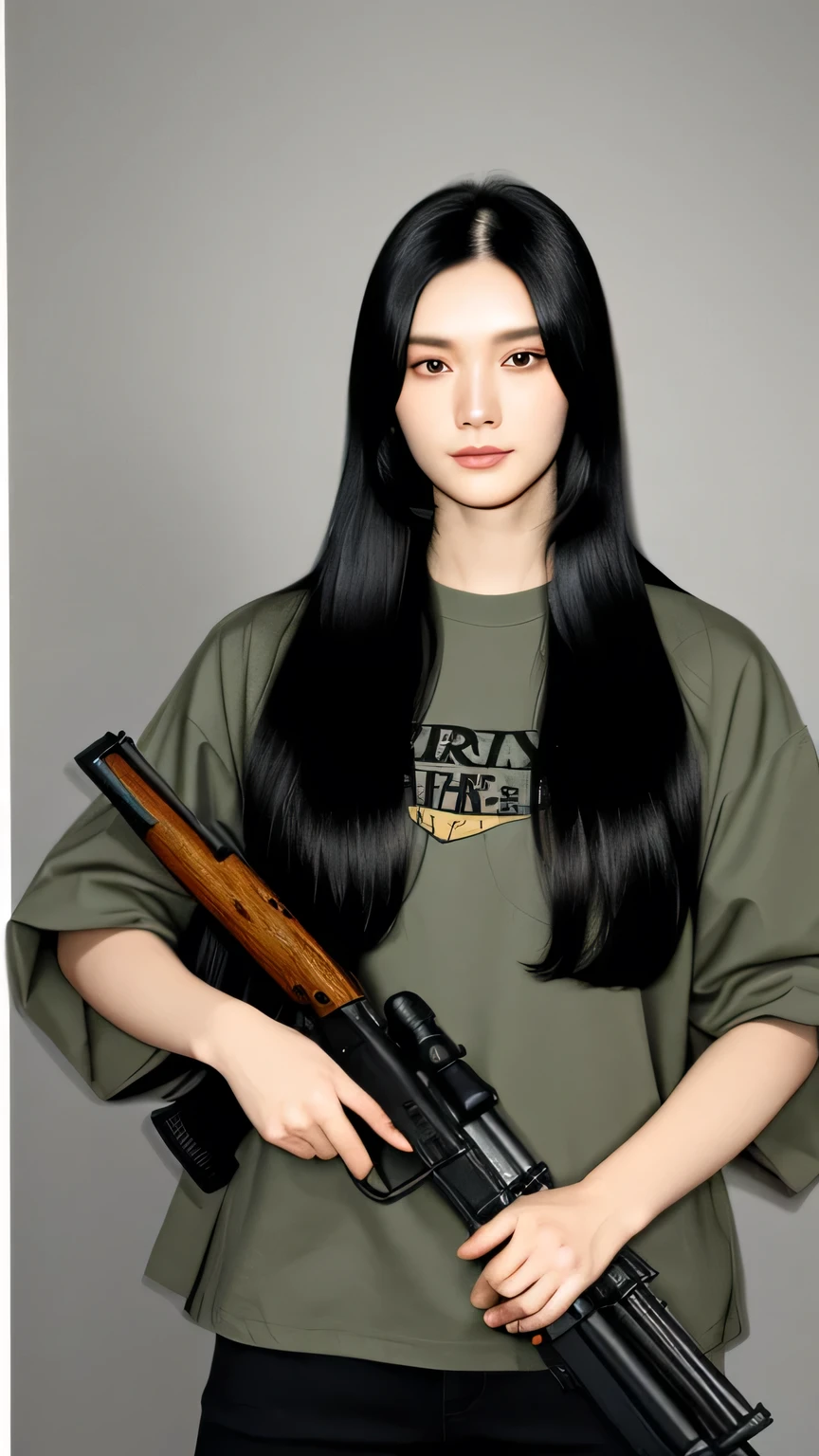  face , long black hair, holding a long rifle,,look at front