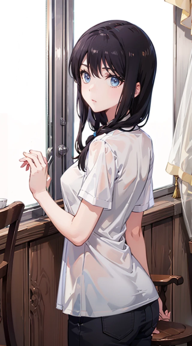 Unparalleled beauty, Shiny、Tightened、Glowing Skin, Bangs between the eyes, Shiny真っ直ぐな美しいプラチナブロンド, Super long straight silky hair, eyeliner, Sexy, beautiful and pure 14 year old, High resolution big beautiful bright blue eyes, beautiful and adorable girl, Baby Face, Short sleeve shirt
