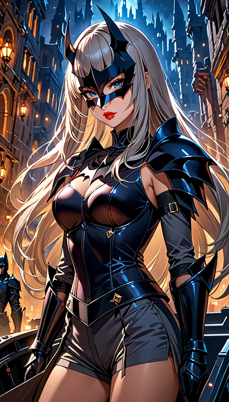 ((Top Quality)), ((Masterpiece)), (Detail), high resolution, Perfect Face, Fine Eyes, Depth of Field, Special Shading, (), (upper body), (1 beautiful girl), demon, Seductive Lips, medium breasts, (grey hair, very long hair, blunt bangs), ((dark knight wagon uniform, short pants)), full face armor mask, fantasy, fantasic art, Light particles, Lost City at night