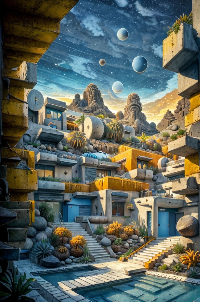 An illustration in collage style, with giant boulders, brutalist building sections, terraces, stairs, cacti, agave, concrete texture, multiple geometric shapes, hatch and cross hatching, planet saturn, volcano, moon, Luis Barragán's architectural style build, milky way galaxy, violet, one motorcycle, An illustration in collage style, with giant boulders, brutalist building sections, stairs, cacti, agave, concrete texture, multiple geometric shapes, hatch and cross hatching, planet saturn, volcano, moon, Luis Barragán's architectural style build, reflective pool, terraces. An elegant and modern build, in top of big boulders, with terraces, materials concrete, wood, steel and crystal, various gardens with tropical vegetation, cacti and rocks, stairs, a pool. In middle of sea, a big wave near, sunset, mountains and a volcano in the horizont, cute islands around, illustration format, cute color palette, detailed, masterpiece, award-winning work, clouds, Illustration, a garden with abundant cacti, ((various organic sculptures)), ((big rocks)), (((multiple sections))), collage style, detailed, (((color palette (olive green), (Mustard orange), cool grey, ((blue)), black and white))), (((a lot Luis barragán's architecture style builds))) big clouds, volcano in horizon, stairs, in the desert. ((masterpiece, best quality)),illustration,ultra detailed 8k, ((Ori Toor visual style)),soviet, megabuildings, megastructures, buildings, organic steel sculpture