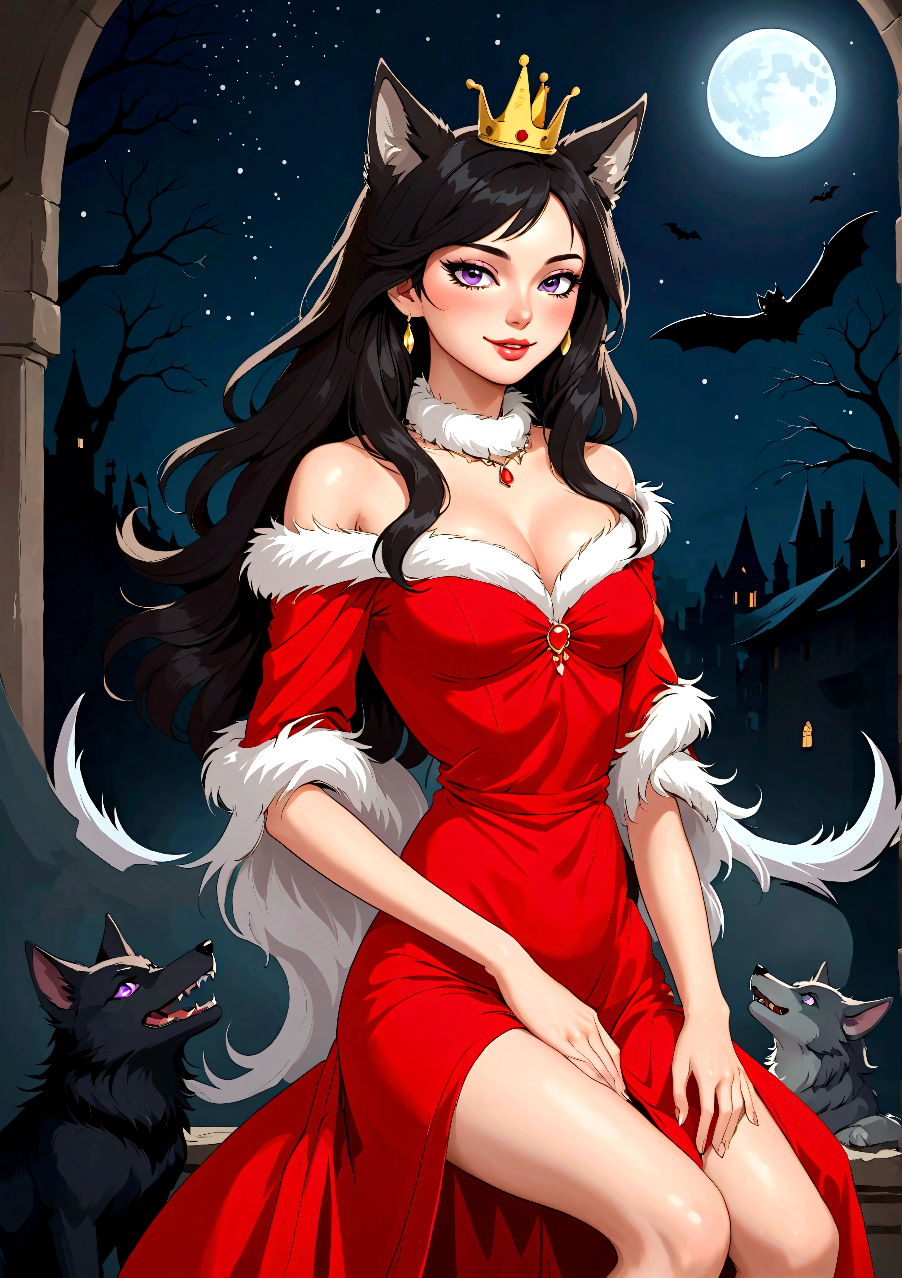 Vector，flat，Simple and smooth lines，A beautiful illustration：Big Bad Wolf:1.37.Beautiful girl sitting elegantly，(((She has a beauty spot:1.37)))，Purple Eyes，Delicate lashes，Smile，Smooth skin，Long black hair，Wolf ears， Small Crown，Red dress with fur collar，Long legs。温顺的Big Bad Wolf。Correct human anatomy，moonlight，bat