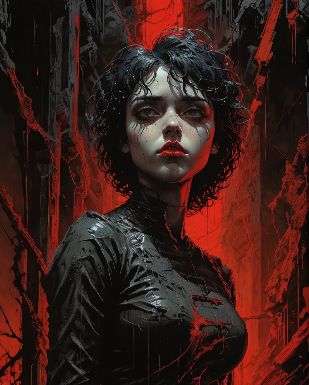 a full-body, high-resolution anime style of a rebellious teenage female goth with short curly black hair, thin face, intense red lips, gothic fashion, inspired by the works of Yoshiaki Kawajiri, vibrant and edgy, with dramatic lighting and dynamic composition, maximalist art, by Moebius and Hariton Pushwagner, (ambient occlusion, masterful, beautiful), poster art, bold lines, hyper detailed, expressive, award winning, (landscape:1.4), (intricate details, masterpiece, best quality:1.4), looking at viewer, dynamic pose, wide angle view, in the style of nicola samori , futuristic style, sleek, ultra modern, high tech, ornate by Moebius and by Marc Simonetti, clean lines, geometric shapes, Minimalist color scheme of red and cyan
mkitdecy, rust, cracks brutalism, style by Tom Jung and Drew Struzan and Tim and Greg Hildebrandt, ((style by artgerm and Greg Manchess and Ilya Kuvshinov))