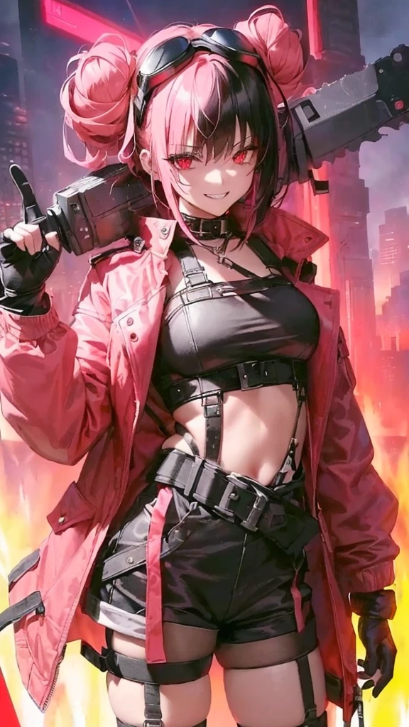 ltra-detailed, Girl, beautiful eyes, red eyes, , cute figure, cute face, smirk, scary smile, executioner, cyberpunk style goggles on head, sharp eyes, wild and daring, hair color is pink gradient with black accent on left side only, hair in bun , bob-cut bangs, dressed as a dystopian punk, large military design jacket, black shorts, thigh-high knee socks, boots, leather gloves with fingers cut off, chainsaw with pretty decorations on hand, pink cloth-clad hell's death squad in background Strong men, composition like a scene from a movie, 16K. a scene from a movie, 16K, top quality, masterpiece