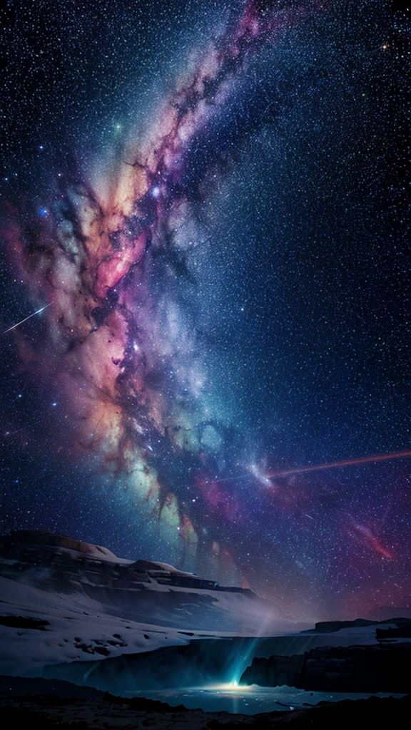 a  sitting in the stars and reading a colored shining book, rainbow colored cosmic nebula sky background, stars, galaxies