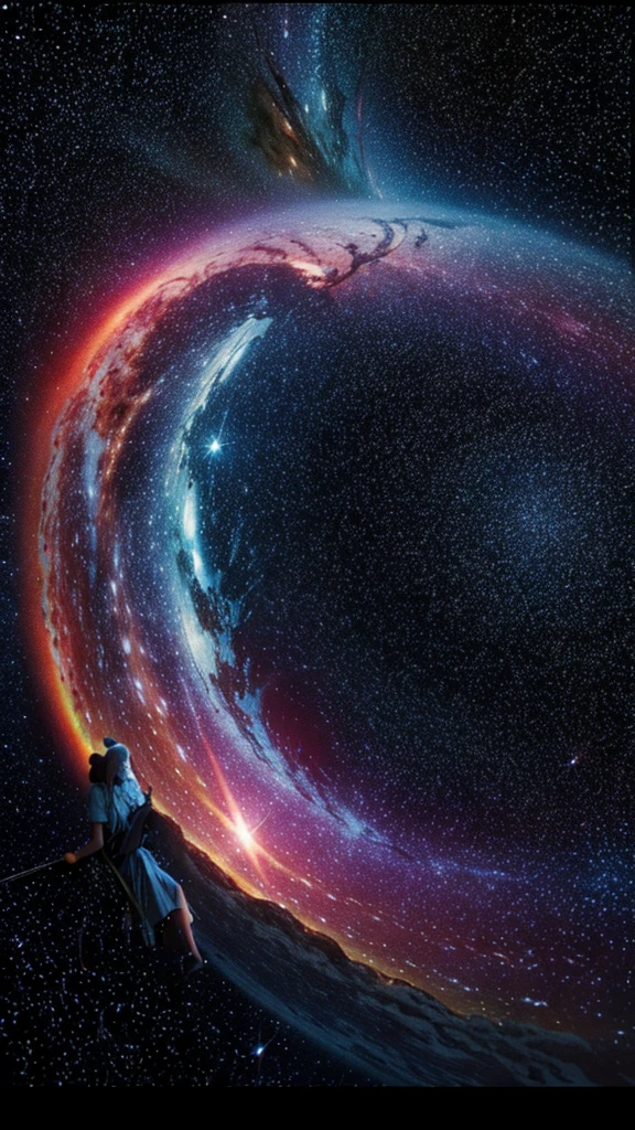 a sitting in the stars and reading a colored shining book, rainbow colored cosmic nebula sky background, stars, galaxies