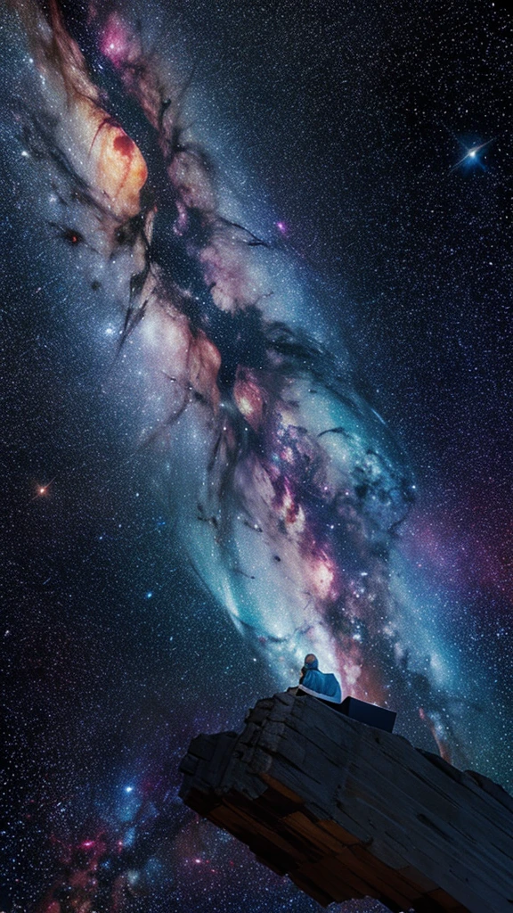 a sitting in the stars and reading a colored shining book, rainbow colored cosmic nebula sky background, stars, galaxies