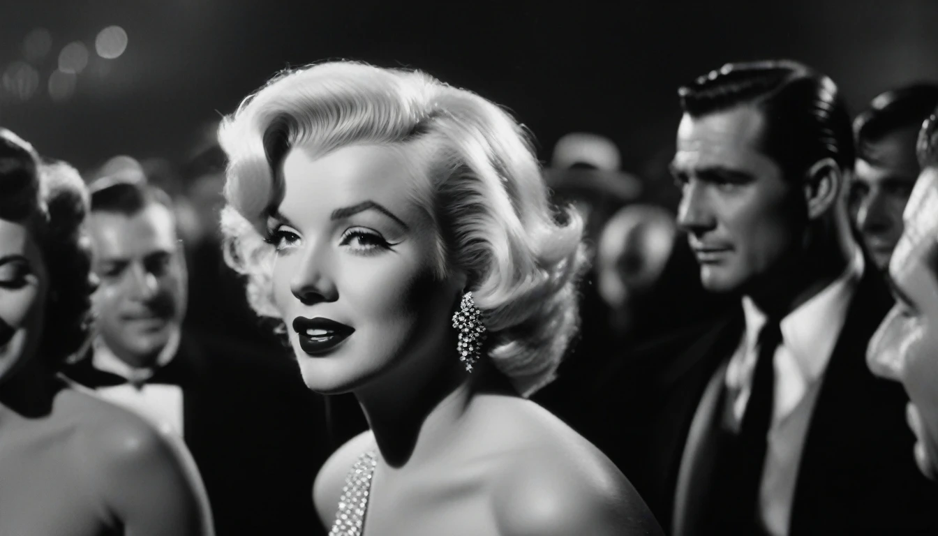 a vintage film still of Marilyn Monroe with makeup looking at balding Clark Gable who has glasses and is clean shaving outside a hollywood matinee at night with a big crowd, vintage photo, , panavision, 16:9, vintage photography, haze, bokeh, glamorous composition, film still, champagne commercial, inspired by George Hurrell, steven meisel photography, very realistic film still, color