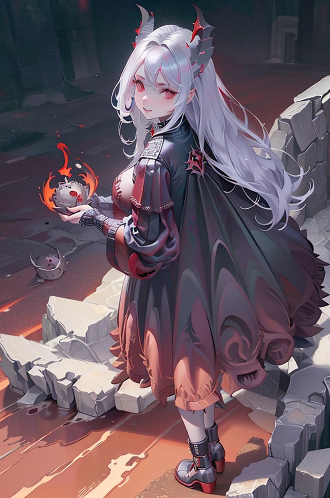 (red eyes with cat iris), ((demonic horns)), (((Armadura vermelha com detalhes em preto))), (maquiagem forte nos olhos), (batom preto), ((make the character as if you were walking forward)), (cabelos longos e vermelhos com fios pretos),