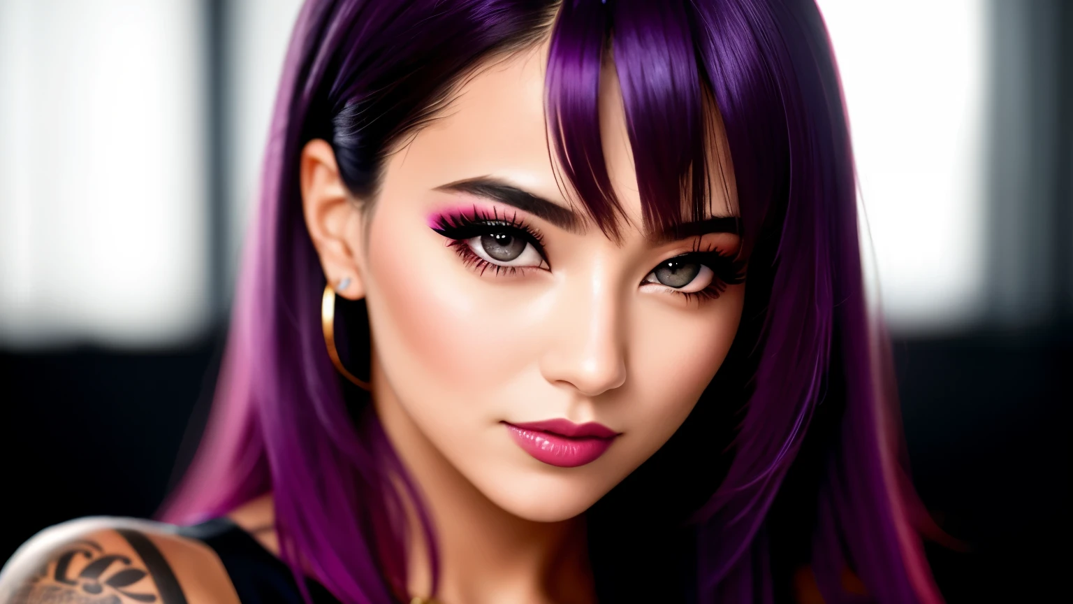**Image:** Close-up of the young woman posting sensual photos on social media. The photos show her in provocative poses, wearing designer clothes and with styled purple hair. The camera focuses on details such as botox on the lips and tattoos on the body. In the background, notifications of likes and comments flood your smartphone screen. 8K uhd, alta qualidade, volumetric light, tiro furtivo, foto, high resolution, 4k, 8K, Bokeh