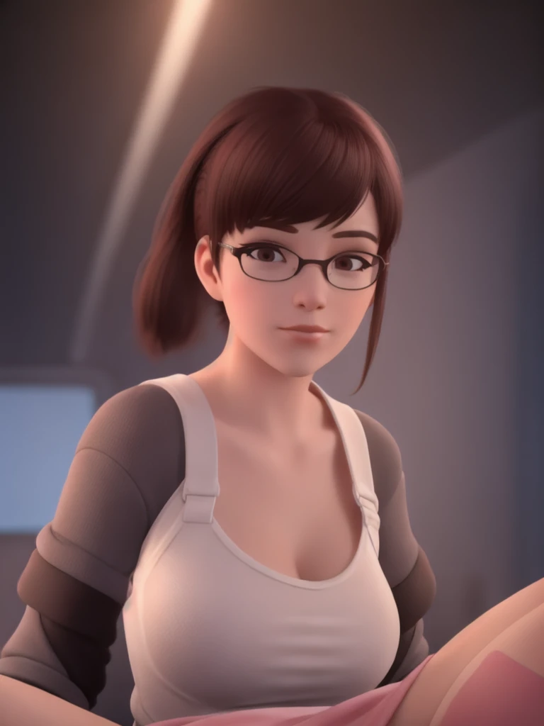 DVA from Overwatch without mech, a beautiful woman with short brown hair in a ponytail, very big round glasses, high quality refelctions, reflections on glasses, volumetric lighting, wearing a plain white t-shirt, in her bedroom on her bed, 1 girl solo, cinematic lighting, high resolution, physically-based rendering, extremely detailed, 8k, volumetric lighting, hyperrealistic, detailed facial features, masterpiece, intricate details, upper body, nsfw, gaming setup in background, high quality, cinematic