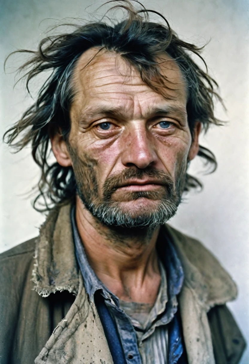 color photo. man 40 years old. Homeless, Alcoholic. Very untidy look, bad skin. Haggard look. Portrait photo against a white wall in the USSR 1980s High detail