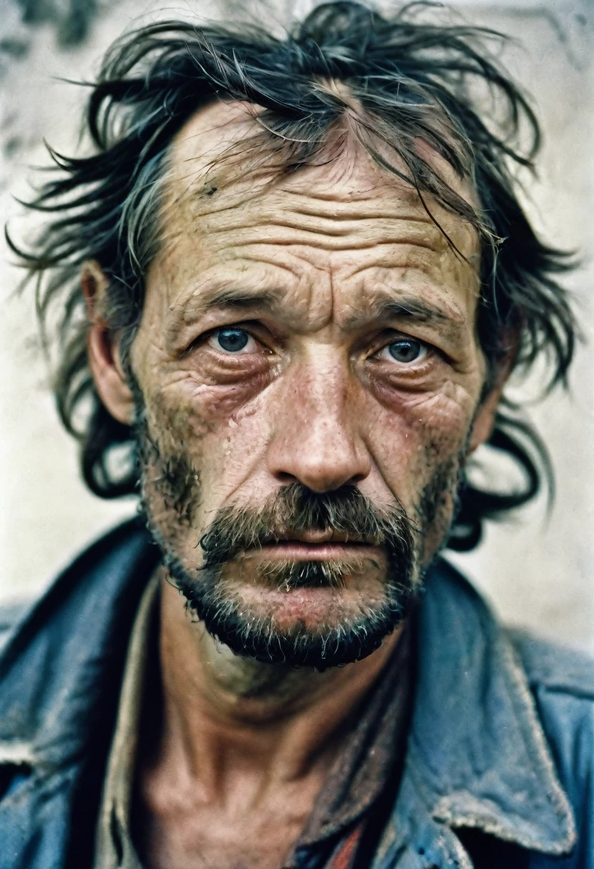 color photo. man 40 years old. Homeless, Alcoholic. Very untidy look, bad skin. Haggard look. Portrait photo against a white wall in the USSR 1980s High detail