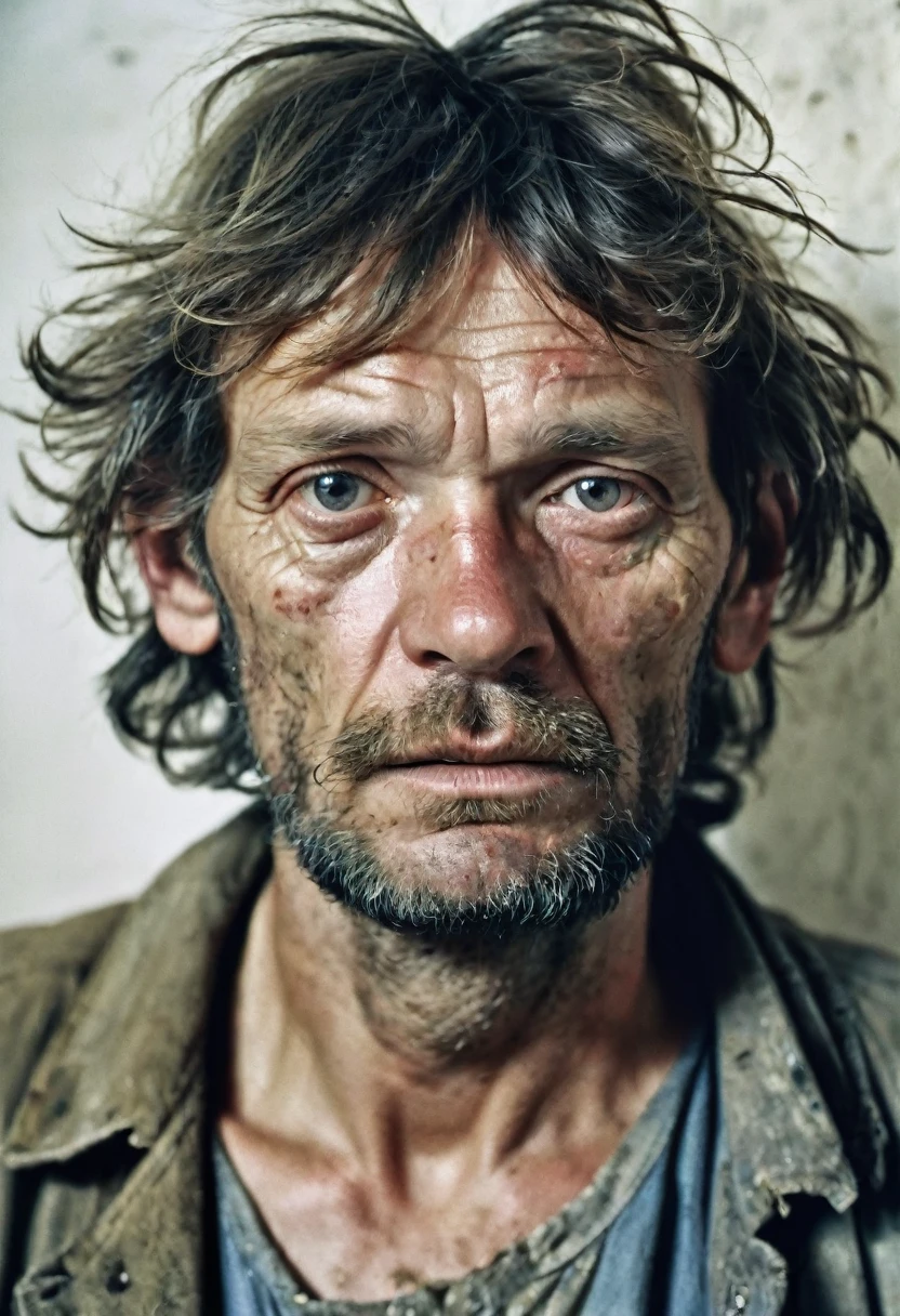 color photo. man 40 years old. Homeless, Alcoholic. Very untidy look, bad skin. Haggard look. Portrait photo against a white wall in the USSR 1980s High detail