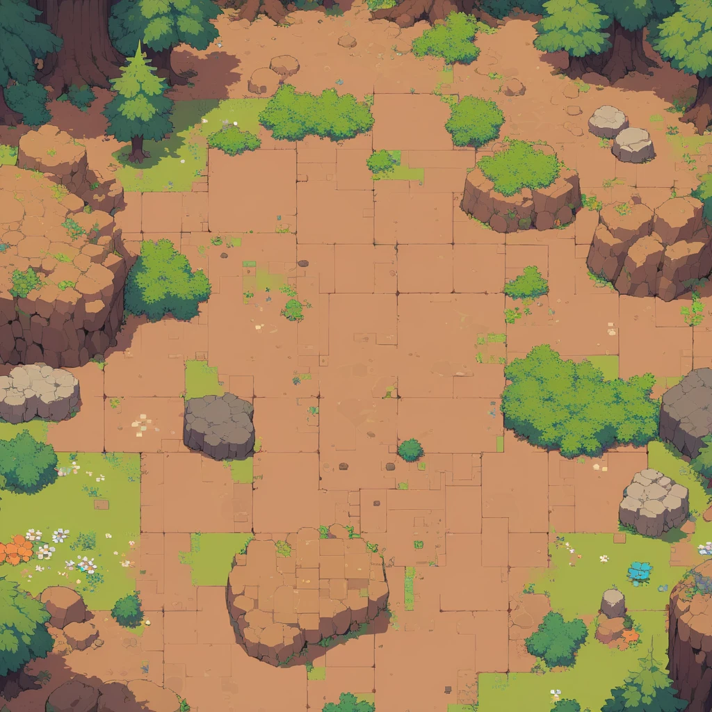 retro video game style,pixelated graphics,vibrant colors,8-bit characters,blocky shapes,sharp lines,detailed shading,classic gaming vibe,nostalgic atmosphere,classic arcade games,masterpiece:1.2,ultra-detailed,illustration style, 2d texture, clay texture, stone texture, 4 k seamless mud texture, video game texture, dirt texture, clay material, flat texture, grass, trees, rock texture, rocky ground, forest, topdown view, game texture, background art, ground very detailed, dirt, floor texture, tileable texture, flowers, bushes, shrubs, intricate ground stone, top down view, 3/4th perspective