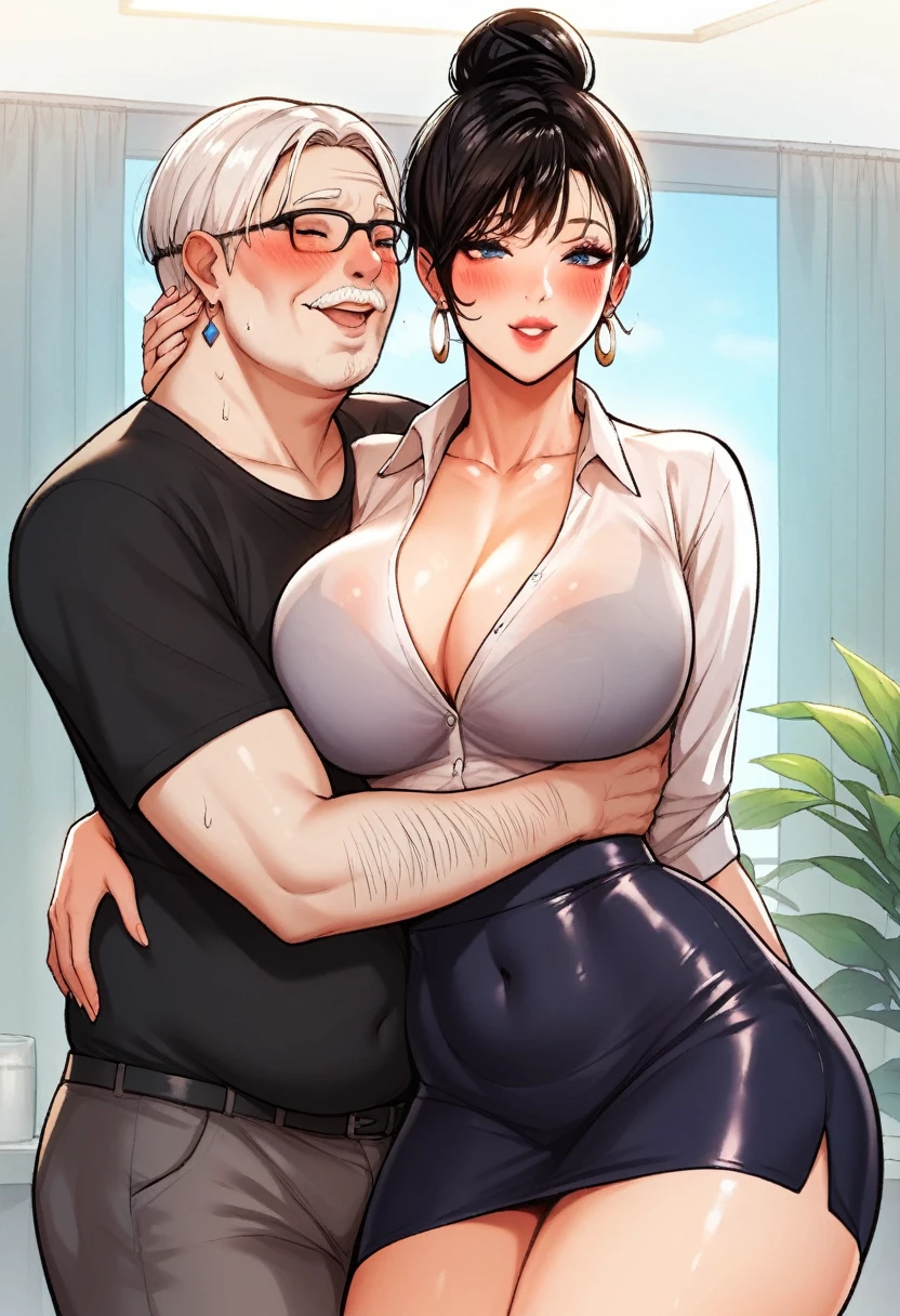 Hot sexy beautiful cute milf hugging with ugly fat old man in office cabin ,brown see through t shirt,black pencil skirt, indian silver jhumka earrings,big breasts, lipstick,makeup,white hair with blue shade,hair bun,two falling hair strands,blush,