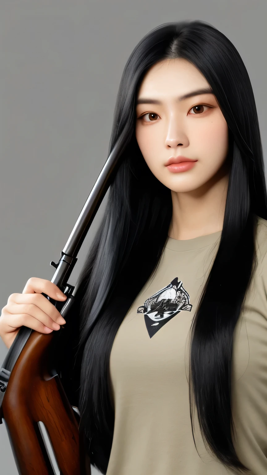 face , long black hair, holding a long rifle,,look at front