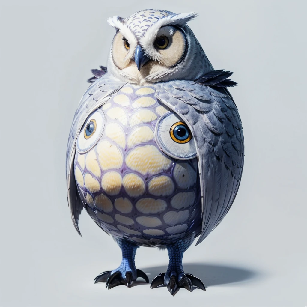 Animaly, blue eyes, has white hair, has scales, his body is shaped like a ball but his face is like a owl and penguin, purple skins, Grassroots background