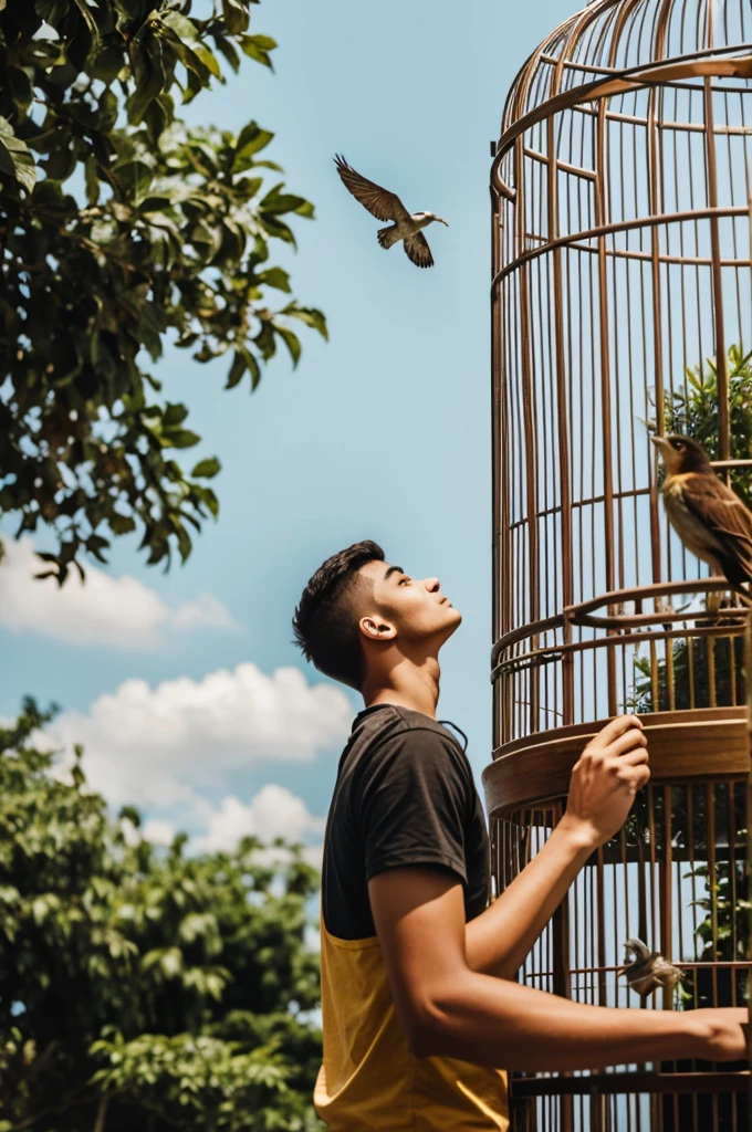 Shot of young man observing a bird in a cage. The cage breaks and the bird flies freely into the sky..