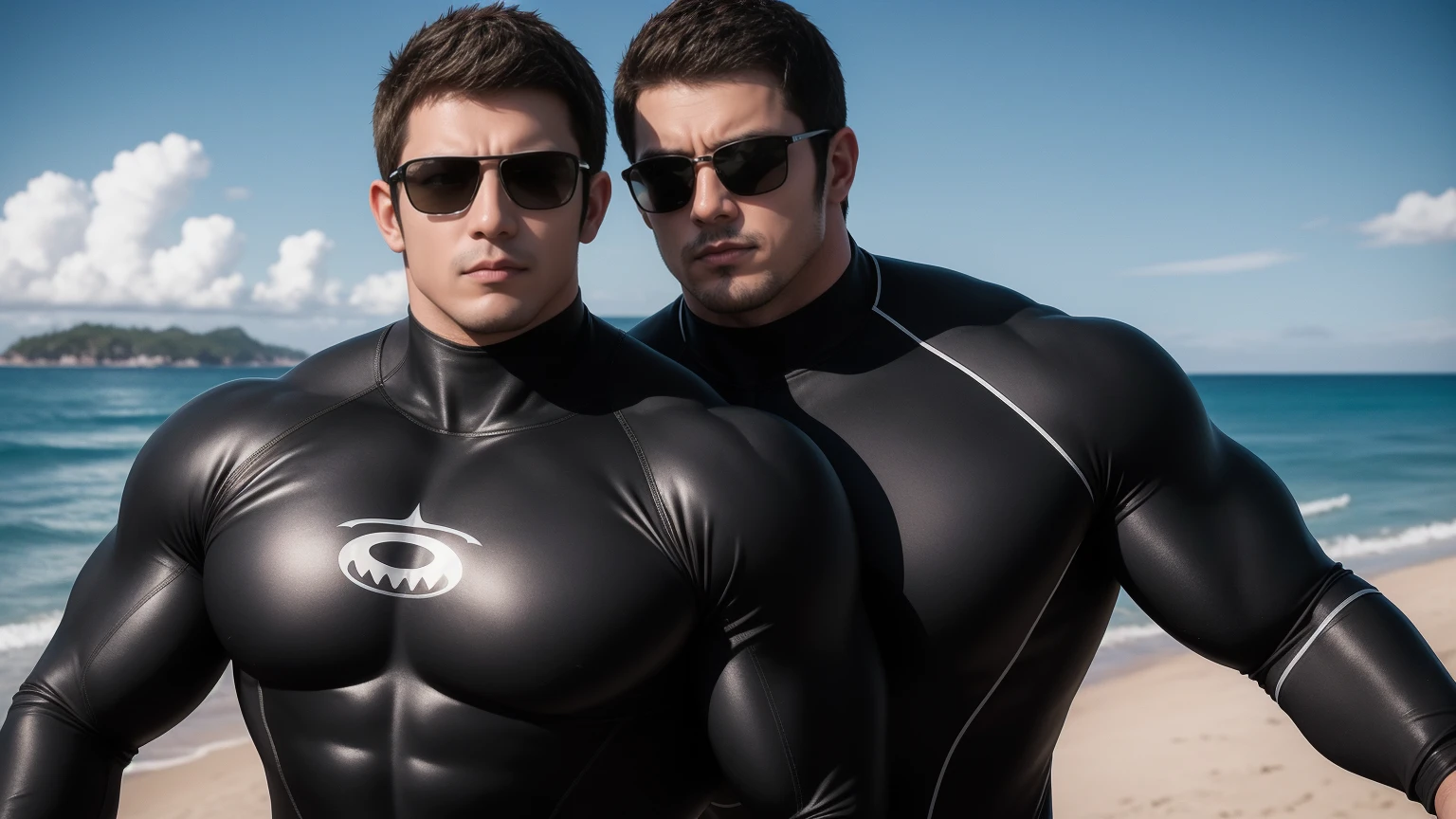 Super muscular man hugging,  They wear sunglasses，Deep gaze kiss，They embrace affectionately，short hair，Beach under the scorching sun, Wear a light grey high collar, long sleeves and tight fitting wetsuit, Shark skin texture，Beach by the sea，beautiful landscape，The expression is arrogant, Thick thighs, messy hair, Thick thighs, Wear a light grey high collar, long sleeves and tight fitting wetsuit, Shark skin texture，very tight, Regular symmetrical pattern, Highlight muscles, character concept（Resident Evil - chris redfield, chris redfield）A proud expression, Deep and charming eyes, Valiant male pose, tall Burly, muscular！muscular thighs, Tough Guy, Perfect facial features, High, Burly, Heqiang, Super exquisite and cool, High Resolution Committee, Attractive, The sun is blazing, Dazzling