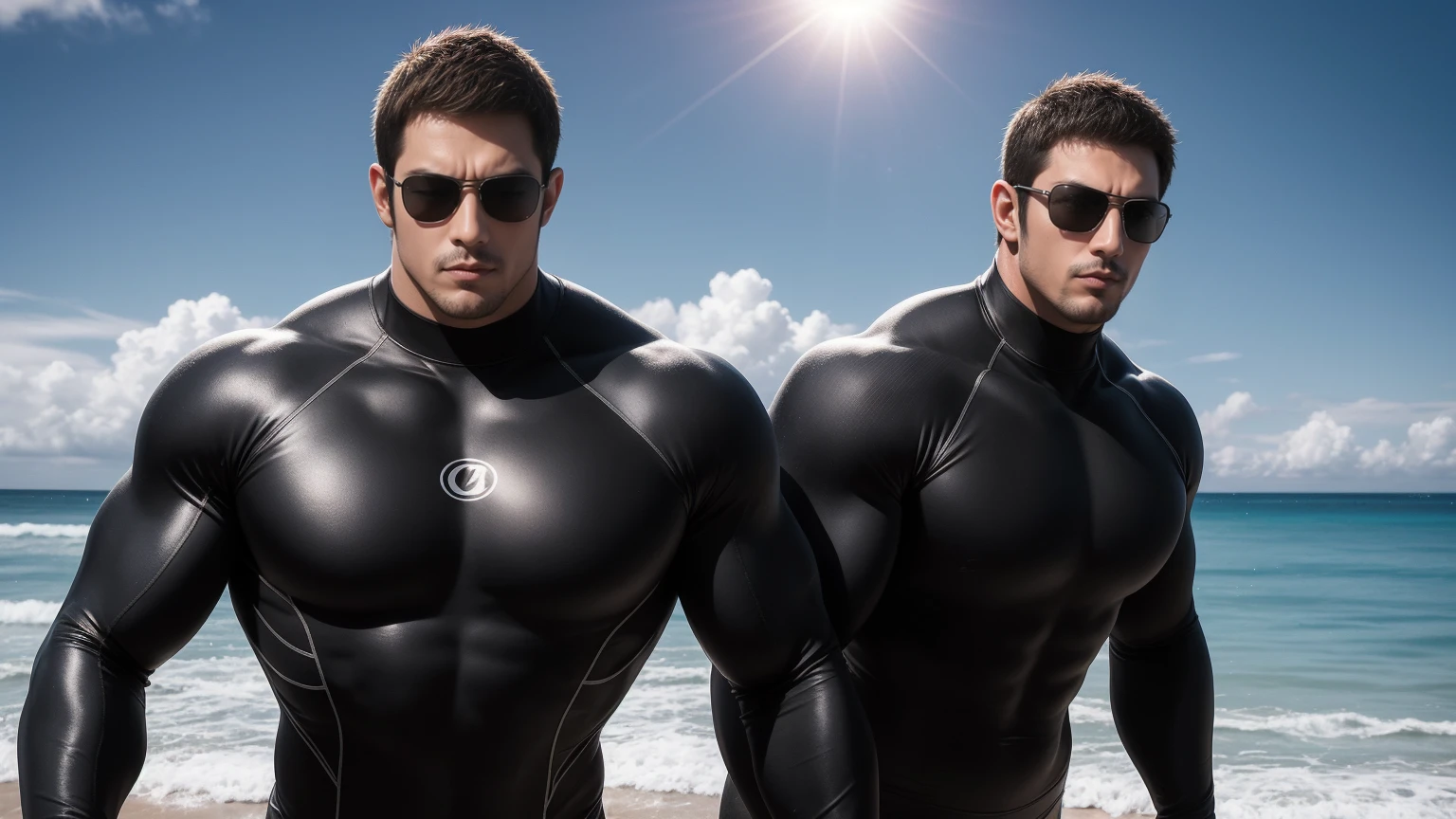 Super muscular man hugging, They wear sunglasses,Deep gaze kiss,They embrace affectionately,short hair,Beach under the scorching sun, Wear a light grey high collar, long sleeves and tight fitting wetsuit, Shark skin texture,Beach by the sea,beautiful landscape,The expression is arrogant, Thick thighs, messy hair, Thick thighs, Wear a light grey high collar, long sleeves and tight fitting wetsuit, Shark skin texture,very tight, Regular symmetrical pattern, Highlight muscles, character concept(Resident Evil - chris redfield, chris redfield)A proud expression, Deep and charming eyes, Valiant male pose, tall Burly, muscular!muscular thighs, Tough Guy, Perfect facial features, High, Burly, Heqiang, Super exquisite and cool, High Resolution Committee, Attractive, The sun is blazing, Dazzling