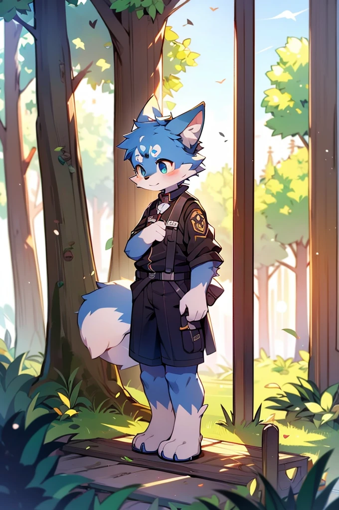 Blue fur, Canine, fox motif, boy, uniform,Tall,Estrus,Cute face,