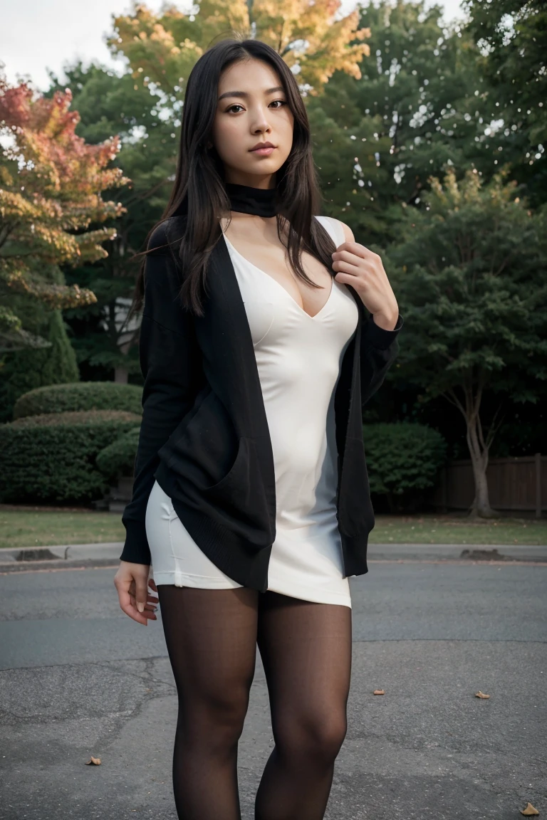 1girl, Solo, One Japanese woman of about 25 years old, black long elegant hair style, black eyes, cardigan, knee-length dress, heels, black pantyhose ,park photography, whole body, body measurement 36-25-35, RAW Photography, 8k, , Masterpiece, Full Body Shooting, Top Quality, Fine Pore, Realistic, Photorealistic, Ultra Detailed