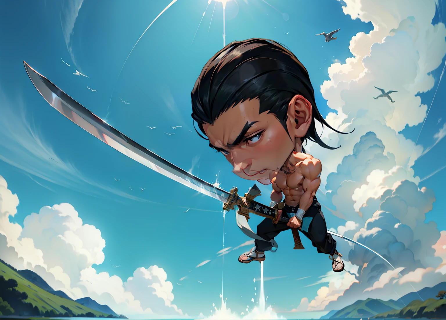 1boy, 26 Years old, Serious face, black hair, long hair, muscular, shirtless, ((black long pants)), holding giant sword, blue sky, cloud