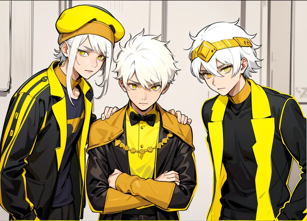 There is a girl and two 12-year-old boys who are secretly talking about something important. They are 13 years old. They have white hair, big yellow eyes, they have gold jewelry, black and yellow clothes.
