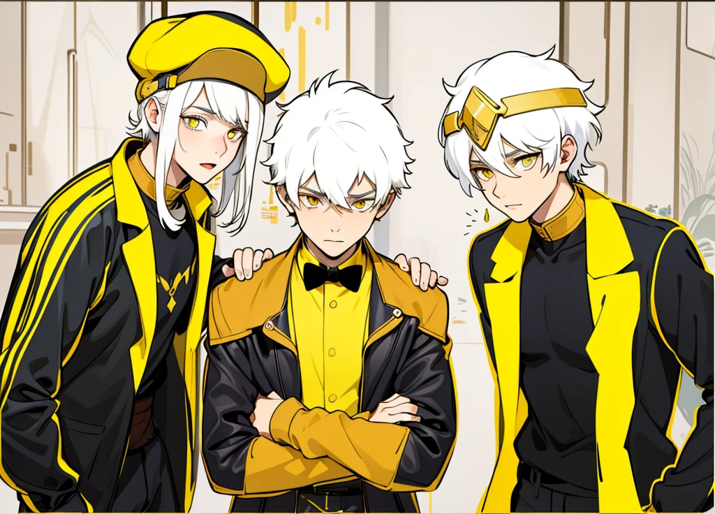 There is a girl and two s who are secretly talking about something important. They are 13 years old. Tte hair, big yellow eyes, they have gold jewelry, black and yellow clothes.