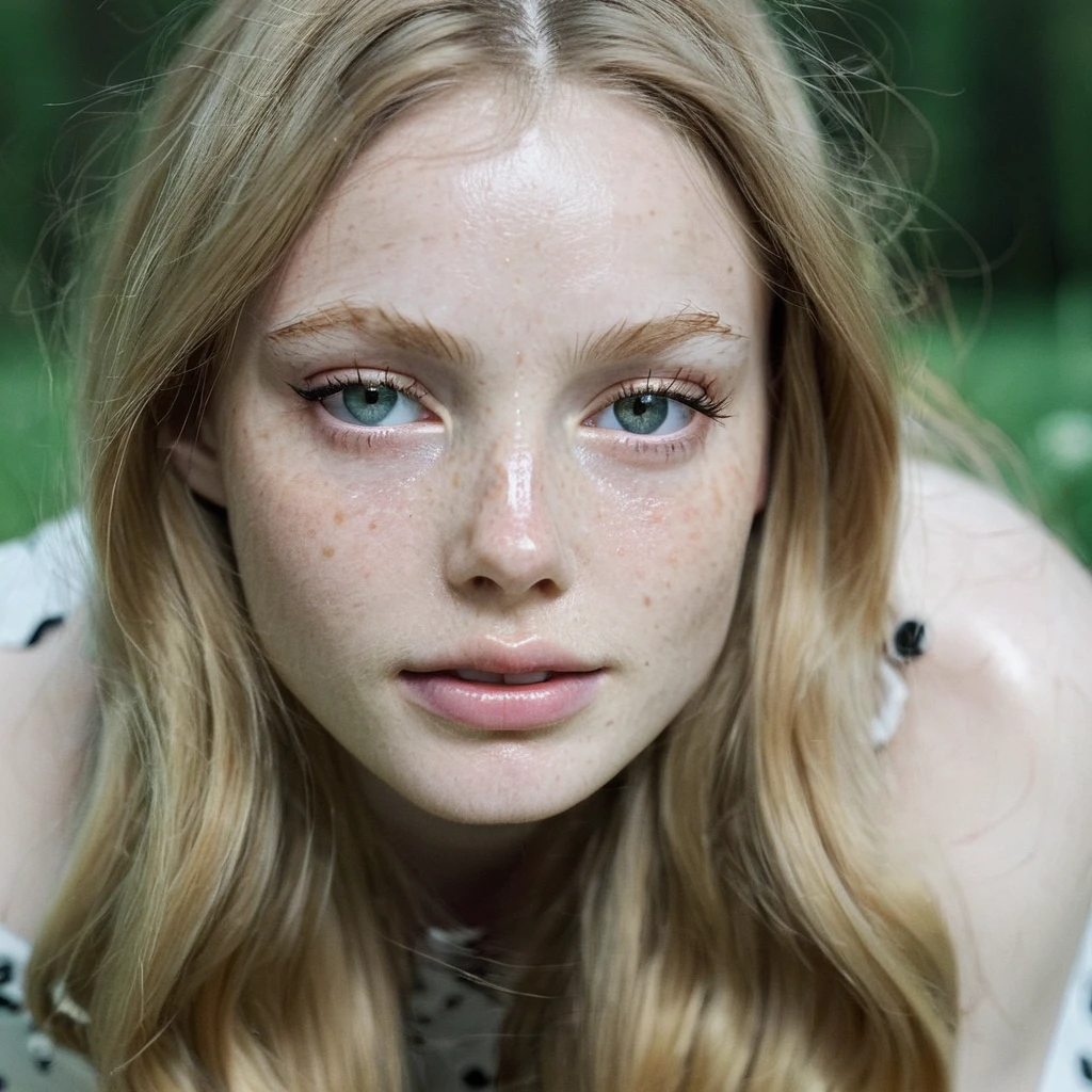 woman, pale skin and freckles, long blonde hair, seductive look