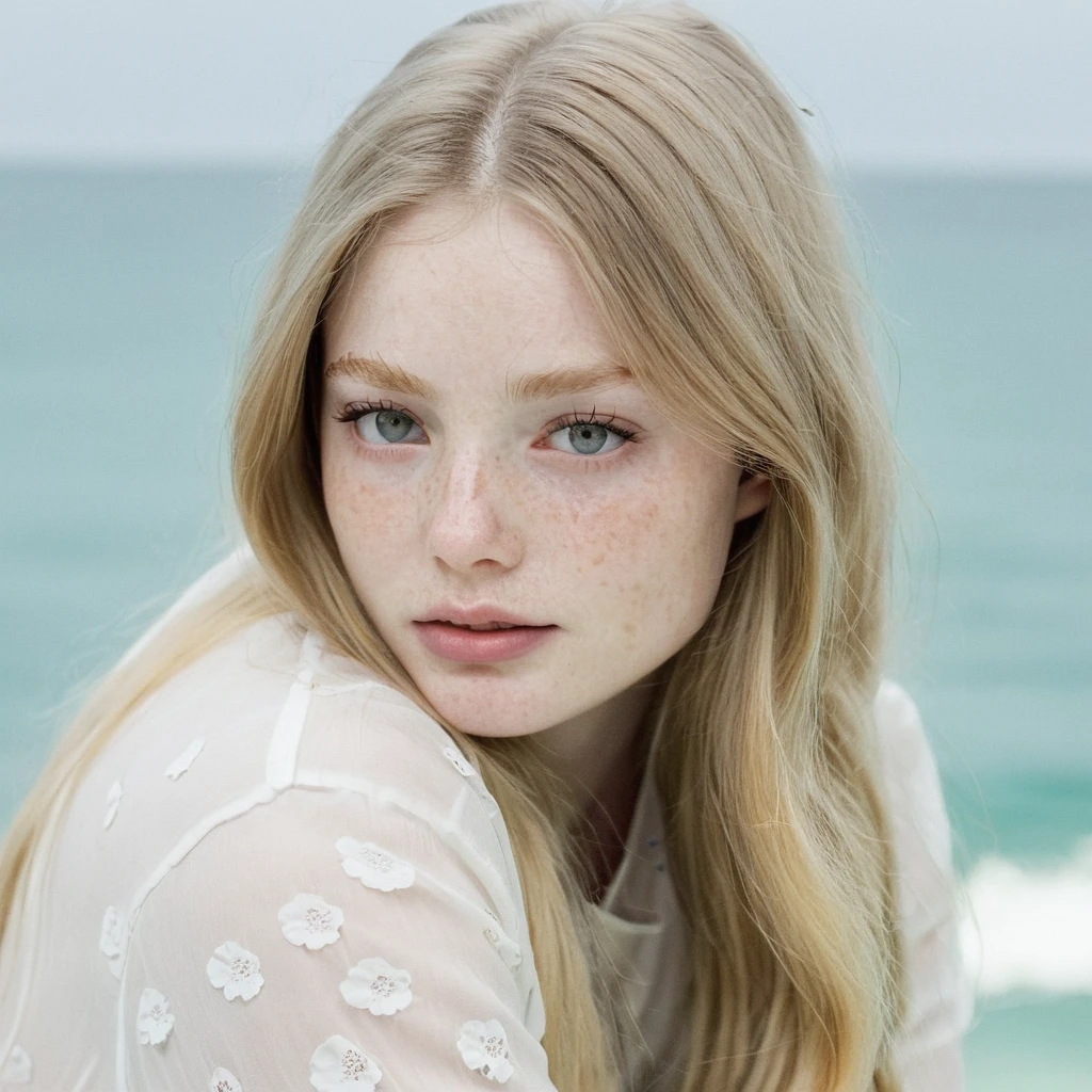 woman, pale skin and freckles, long blonde hair, seductive look