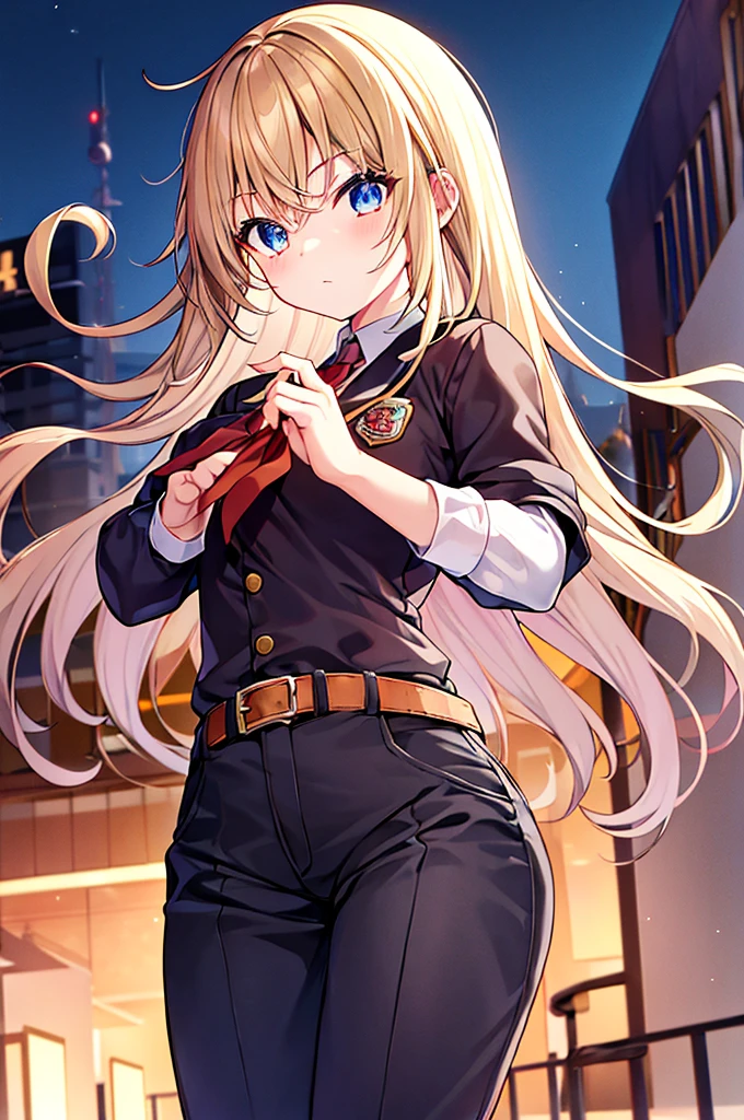 Anime girl, ((top quality, Top image quality, masterpiece, complete fingers, Slender beauty)), epitomizing the peak of cute aesthetics. Her eyes are a focal point is deeply set, hooded, and dark orange, exuding both enigmatic charm and warmth, blonde hair, pony tail hairstyle, blue eyes, parker jacket on her upper body and a pants on her lower body, ready for high-mobility actions like parkour. She is depicted in mid-action, possibly performing parkour. The background should include a cityscape or a setting that enhances the parkour theme, conveying a sense of thrill and motion.,Megu-KJ, Megu hat, megu dress, megu cape,belt,yellow eyes,grey hair