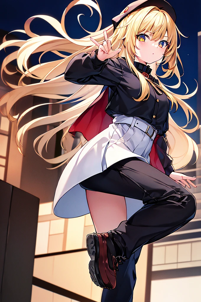 Anime girl, ((top quality, Top image quality, masterpiece, complete fingers, Slender beauty)), epitomizing the peak of cute aesthetics. Her eyes are a focal point is deeply set, hooded, and dark orange, exuding both enigmatic charm and warmth, blonde hair, pony tail hairstyle, blue eyes, parker jacket on her upper body and a pants on her lower body, ready for high-mobility actions like parkour. She is depicted in mid-action, possibly performing parkour. The background should include a cityscape or a setting that enhances the parkour theme, conveying a sense of thrill and motion.,Megu-KJ, Megu hat, megu dress, megu cape,belt,yellow eyes,grey hair