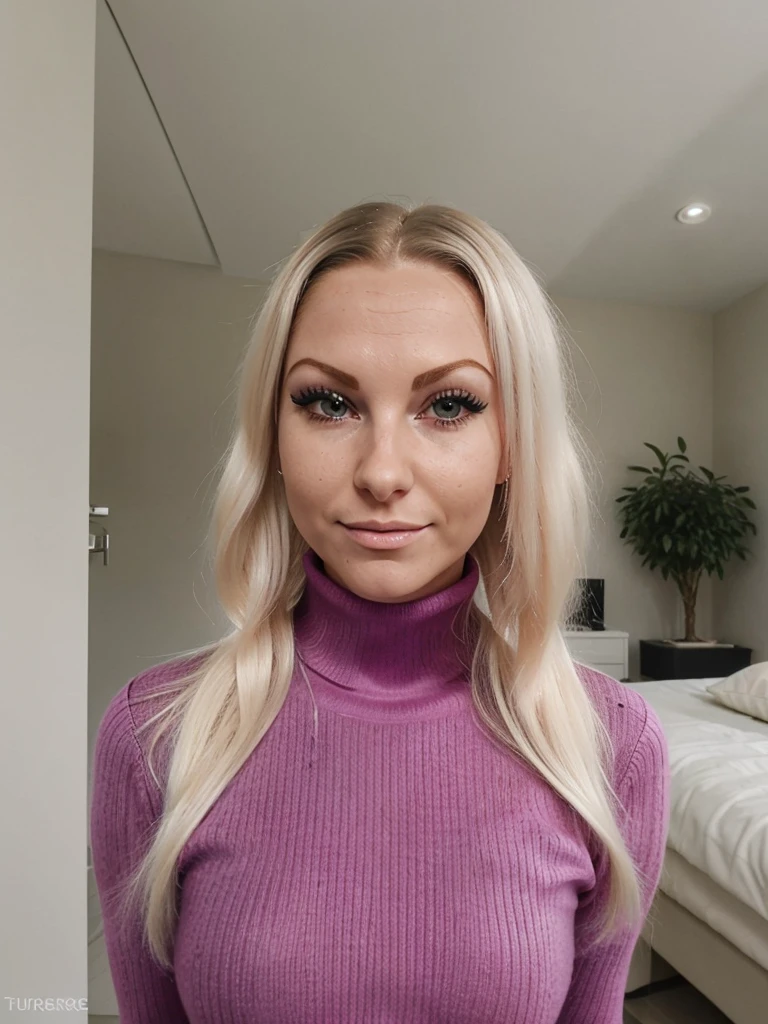 photo of a nympho sexy complete platinum blonde barbie bimbo cute young teen prostitute with fake eyelashes and plump enhanced lips, very long hair with hair extensions, perfect bimbo gorgeous babe. She wears: (turtleneck tight high ribbed dark keyhole sweater:1.1), submissive seductive pose, high tight ribbed neck, seductive smile