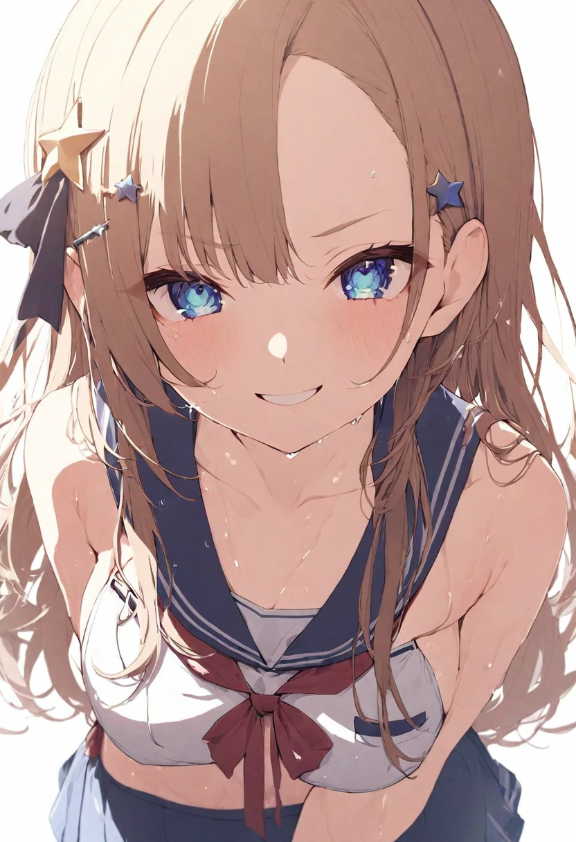 (masterpiece), (best quality), perfect face, beautiful girl, white background background, delicate and beautiful face and eyes, dark intense shadow,
1 girl, vtuber style, cool girl, hololive, tokinosora, brown long hair, star hair ornament, hair ribbon, blue eyes, sailor bikini, blue skirt, bikini skirt, wristband, bikini, wet body, big chest, cropped shoulders, clavicle, winking, smile, bare feet, chest visible through clothes, (full body), looking at viewer, standing,