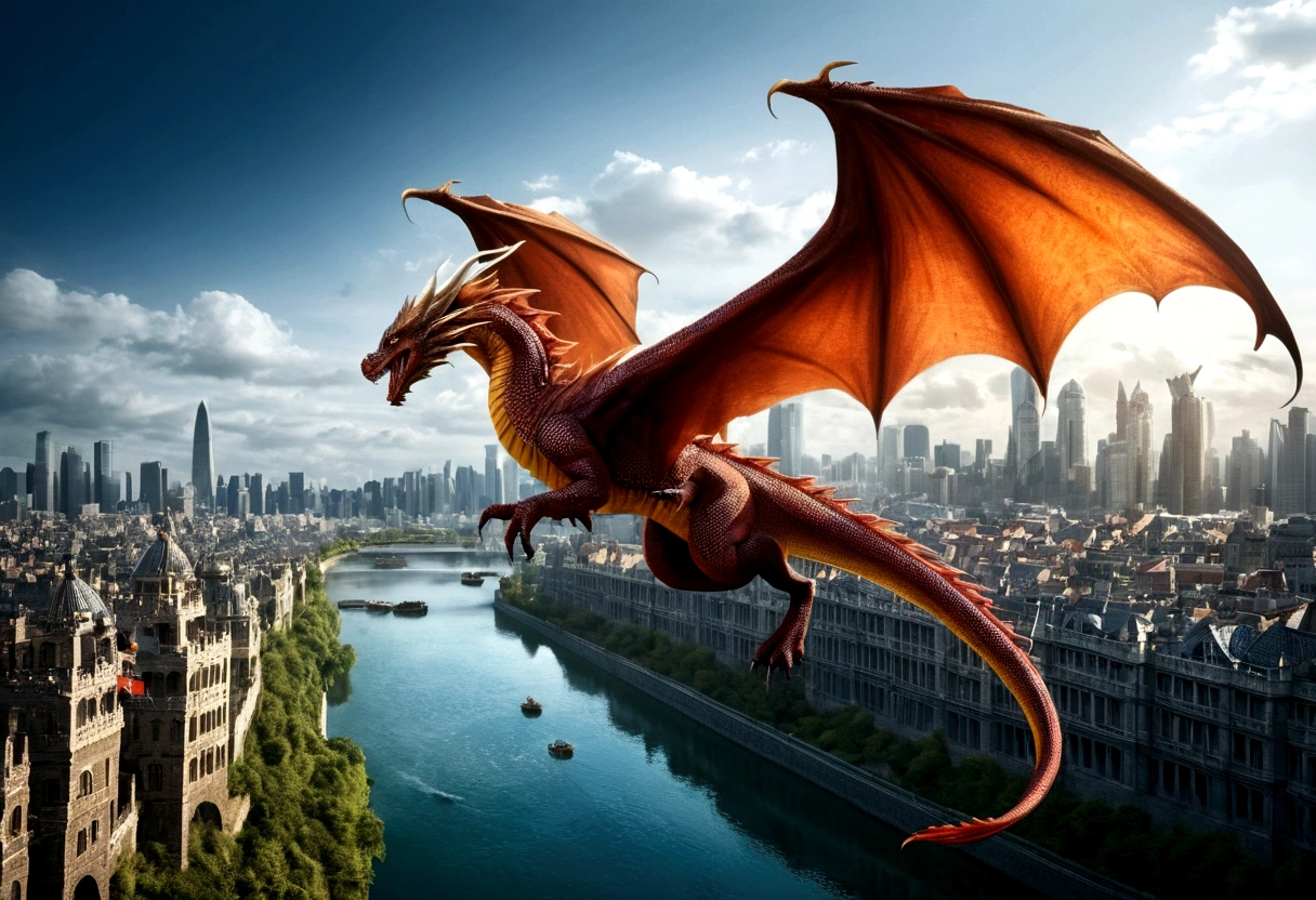 ((picture taken  from the back of dragon: 1.5)), arafed, a picture of a dragon flying above a modern city, modern city is laid underneath, there is river beneath the dragon, its shadow is cast on the water dragon wings spread wide, dynamic color dragon, you see the back of the dragon, its majestic wings, its tail and the city and river it is flying above, , panoramic view (Masterpiece, intense details: 1.5) , Wide-Angle, Ultra-Wide Angle, dynamic light, Cinematic Hollywood Film style