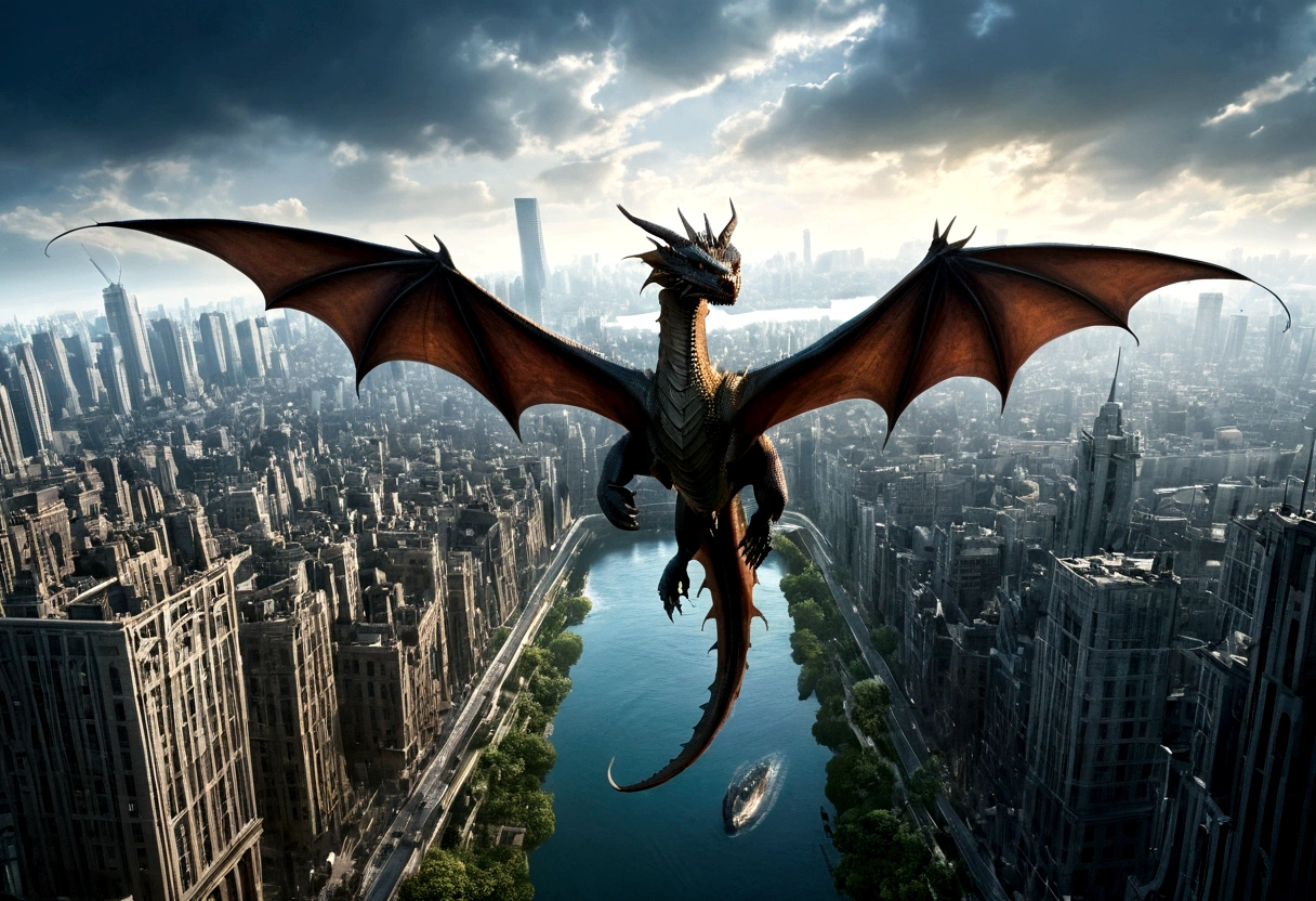 ((picture taken  from the back of dragon: 1.5)), arafed, a picture of a dragon flying above a modern city, modern city is laid underneath, there is river beneath the dragon, its shadow is cast on the water dragon wings spread wide, dynamic color dragon, you see the back of the dragon, its majestic wings, its tail and the city and river it is flying above, , panoramic view (Masterpiece, intense details: 1.5) , Wide-Angle, Ultra-Wide Angle, dynamic light, Cinematic Hollywood Film style