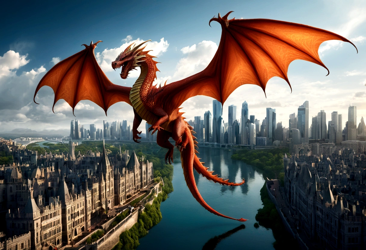 ((picture taken  from the back of dragon: 1.5)), arafed, a picture of a dragon flying above a modern city, modern city is laid underneath, there is river beneath the dragon, its shadow is cast on the water dragon wings spread wide, dynamic color dragon, you see the back of the dragon, its majestic wings, its tail and the city and river it is flying above, , panoramic view (Masterpiece, intense details: 1.5) , Wide-Angle, Ultra-Wide Angle, dynamic light, Cinematic Hollywood Film style