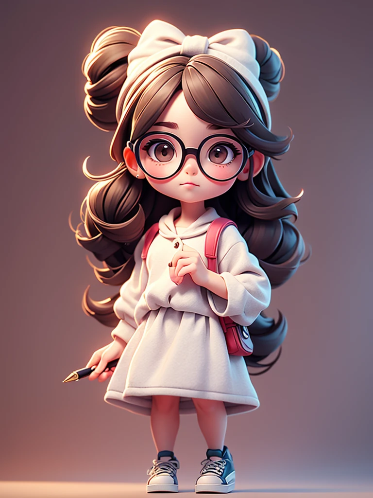Cute young girl, wearing glasses, shoulder-length hair tied in a dot, holding a pen.