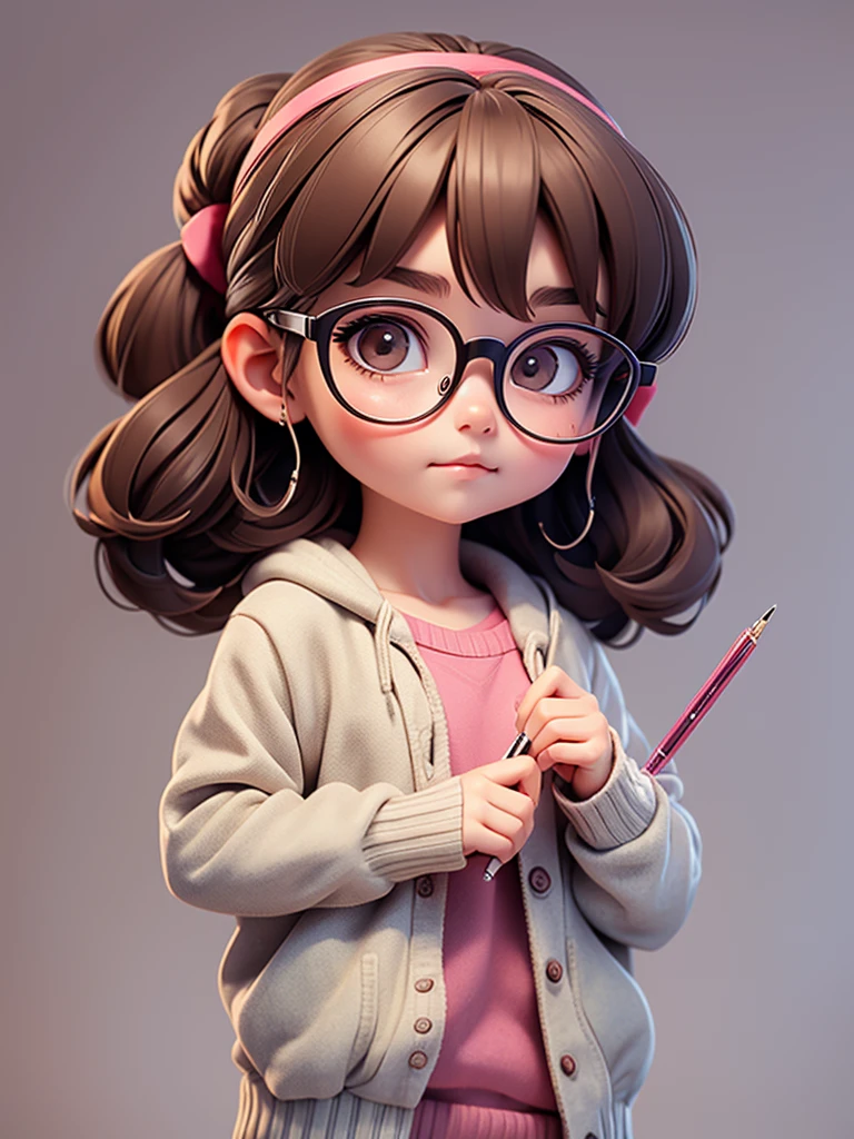 Cute young girl, wearing glasses, shoulder-length hair tied in a dot, holding a pen.